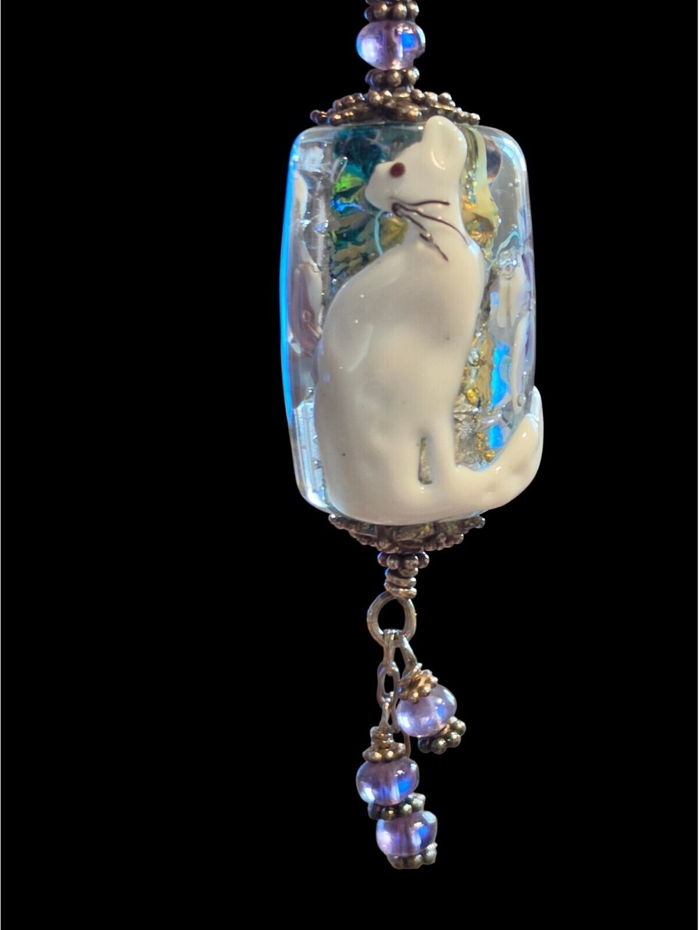 Art Glass Pendant White Cat on Clear Focal Bead Flower Silver Dangle 2.5"